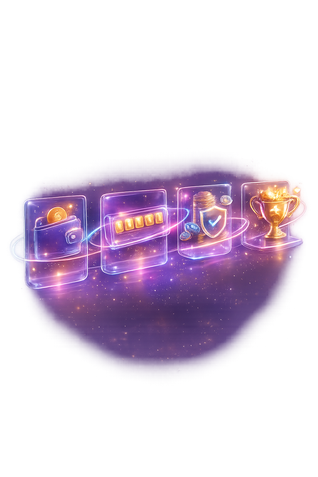 Four floating glassmorphism step cards connected by neon purple light trails