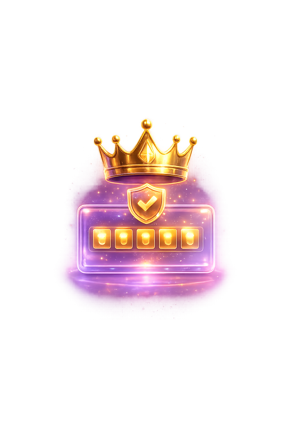 Premium golden crown hovering above a glowing purple lottery ticket